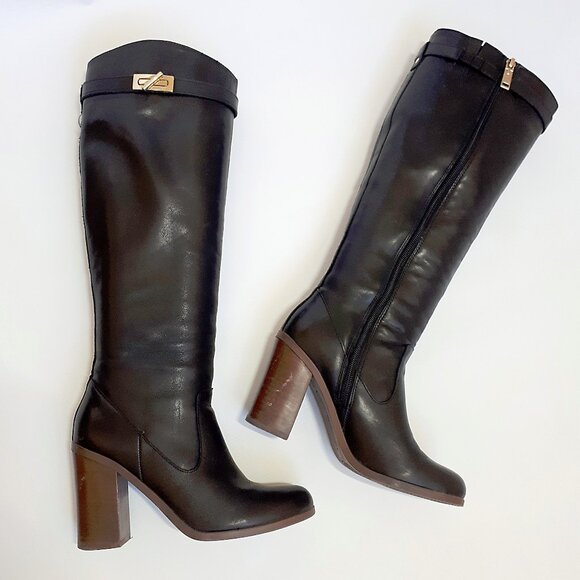 TOMMY HILFIGER Mackenze Zip Up Boots in Black Leather with Gold Hardware - Picture 1 of 16